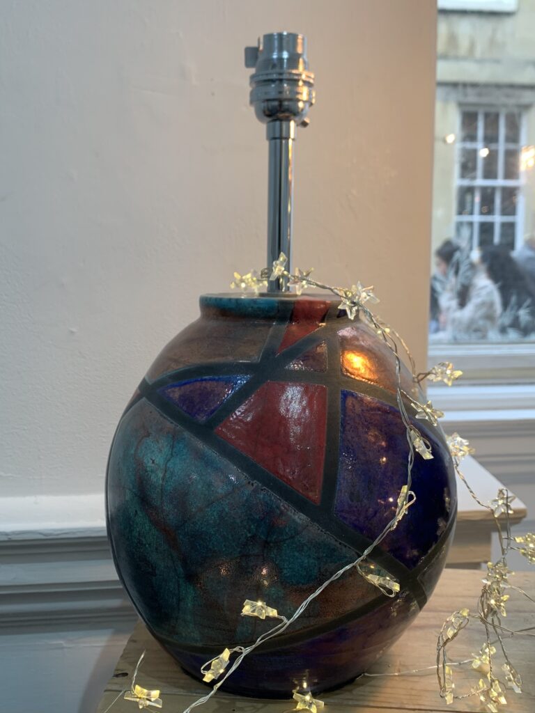 multicoloured raku lampbase at gallery